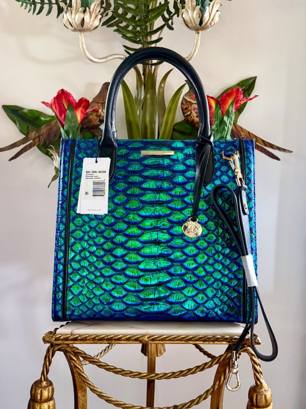 ๐๐ NWT Brahmin Emerald Lulia Caroline Metallic Blue Green Snake Print Bag ๐๐ - Picture 1 of 16